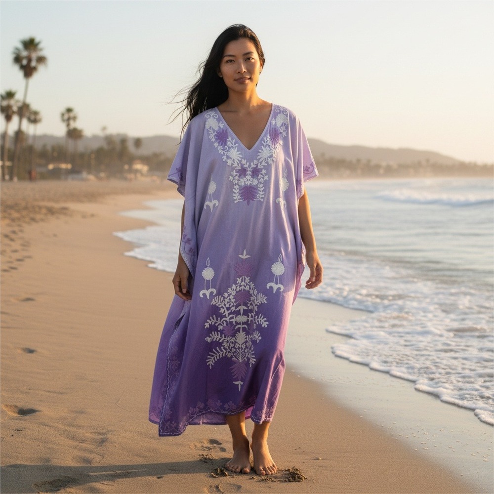 Debbie Katz Claire Embroidered Maxi Dress Medium Ombre‎ Purple Cover Up Kaftan